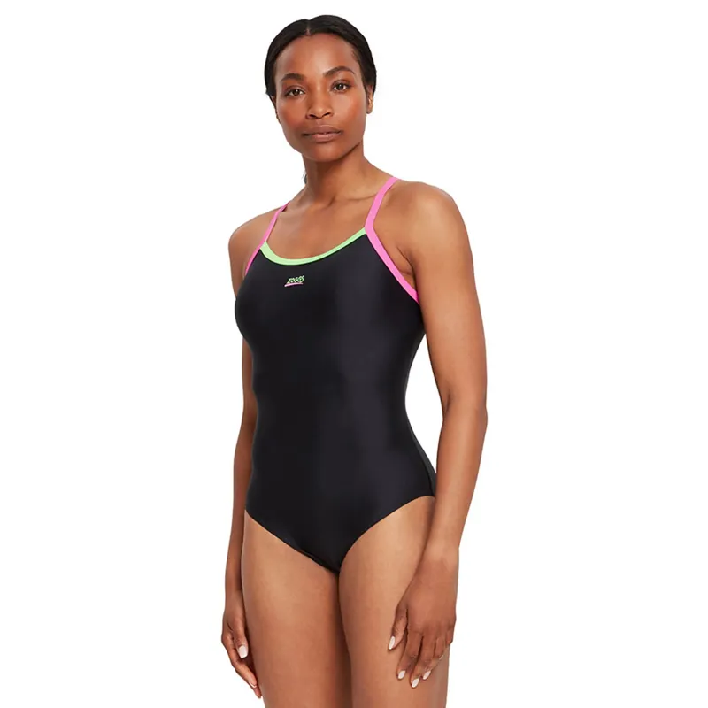 Zoggs Ladies Cannon Strike Back Swimsuit Black/Green/Pink-4